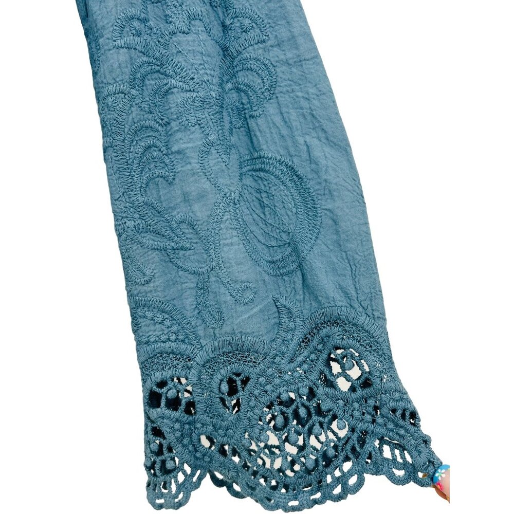 Blue Lace Up Embroidered Crochet Trim Tassel Tunic Top| Coastal Grandma Boho S/M - Picture 6 of 16